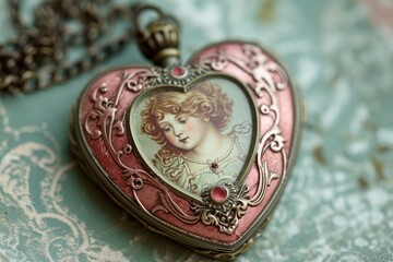 A close-up photo of a heart shaped lock with a womans picture inside, capturing the sentimentality of the object, Embellished heart-shaped locket in a vintage Valentineâ€™s scene, AI Generated