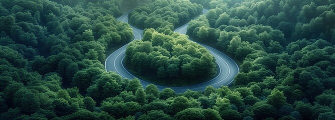 drone view of a highway through a green forest - obrazy, fototapety, plakaty