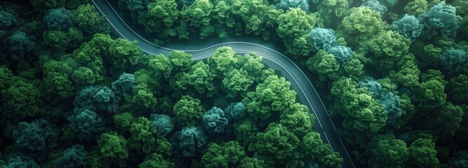 drone view of a highway through a green forest - obrazy, fototapety, plakaty
