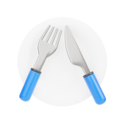3D Dining Icon Of Plate With Fork And Knife. 3d illustration, 3d element, 3d rendering. 3d visualization isolated on a transparent background