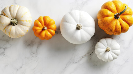 A group of pumpkins on a white color marble