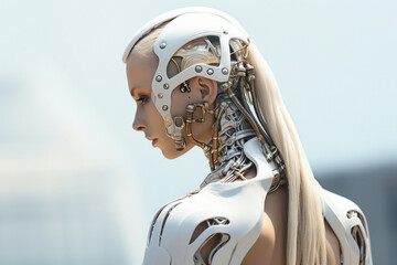 Picture of futuristic female smart modern robot created with generative AI technology