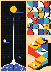 Abstract Dimension Poster, Geometric Shapes, Retro Colors. Space Rocket starts, Planet and Stars. Abstract Space Illustration  - obrazy, fototapety, plakaty