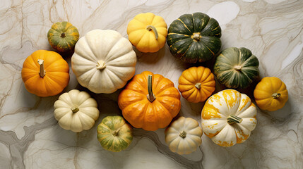 A group of pumpkins on a lime color marble
