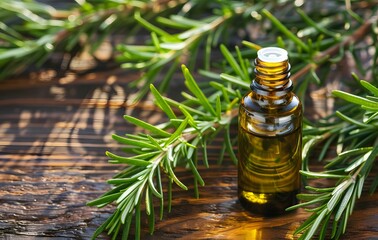 Rosemary Essential Oil Bottle with Fresh Rosemary Fronds and Branches on Wooden Background