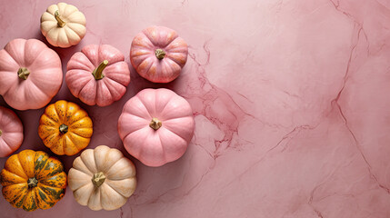 A group of pumpkins on a pink color marble