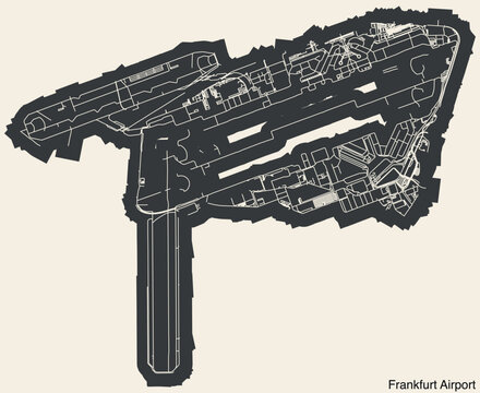 High contrasted terminals layout diagram map with airfield road lines and name tag of the FRANKFURT AM MAIN AIRPORT (FRA), FRANKFURT
