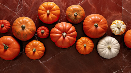 A group of pumpkins on a scarlet color marble