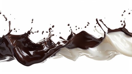 Dynamic mix of creamy chocolate and white milk splashing together on white background - obrazy, fototapety, plakaty