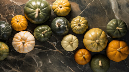 A group of pumpkins on a olive green color marble