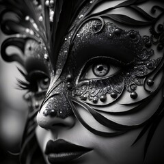 Face of a woman in a beautiful, delicately decorated eye mask. Black and white. Carnival outfits, masks and decorations.
