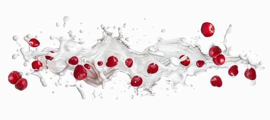 Levitating milk or yogurt splash with falling strawberries isolated on white background