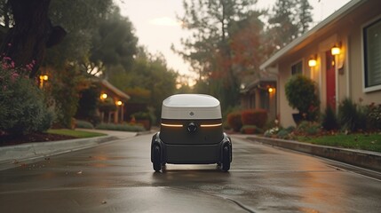 Obraz premium Modern robot drone performs storage and load parcel boxes to customers at home