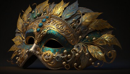 Decorated gold, blue eye mask on dark. Carnival outfits, masks and decorations.