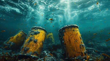 Toxic trash floats on the surface of the sea. And there are toxic substances flowing out of the tank. water pollution concept