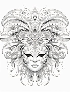Black and white carnival mask with decorations, white isolated background. Coloring sheet. Carnival outfits, masks and decorations.