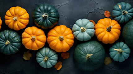 A group of pumpkins on a dark cyan color marble