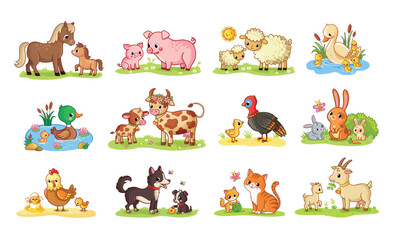 Vector illustration with domestic farm animals. Set of animals in cartoon style. Mom and baby