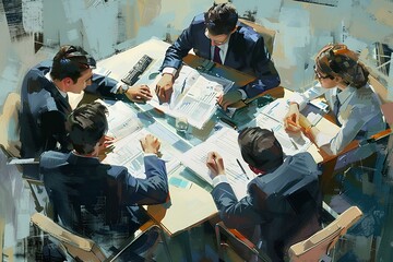 five business people working on documents at the table, realist detail illustration. generative AI