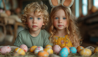 Fototapeta na wymiar Two siblings with mesmerizing blue eyes, one wearing bunny ears, are lying down behind row of intricately patterned Easter eggs, creating charming and tender Easter scene.