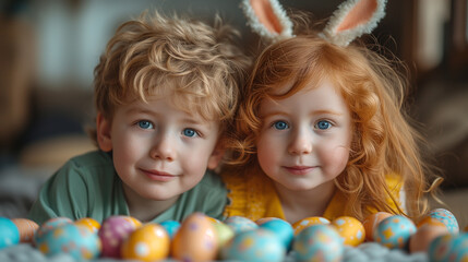 Fototapeta na wymiar Close-up of brother and sister, smiling children playing with decorative Easter eggs in room decorated with Easter decor Illustration of Generative AI