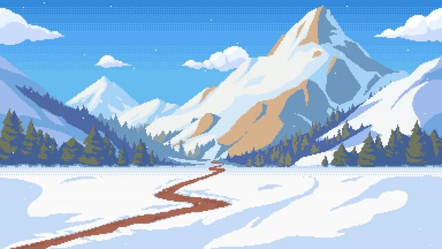 Pixel art looping animation of background with snowy mountains, spruce forest and path through the snow. Animated 8 bit winter landscape with moving clouds and falling snowflakes.