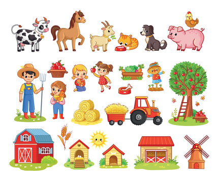 Vector illustration with farm and agriculture. Set of pets in cartoon style