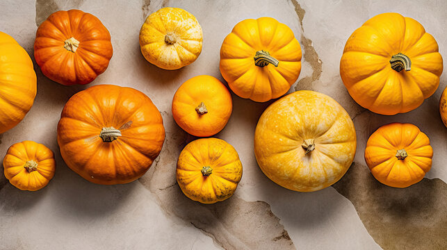 A group of pumpkins on a vivid yellow color marble