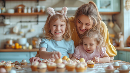 Fototapeta premium Happy Easter. Mother and her son and daughter, adorned with floral crowns and one with bunny ears, share joyful moment decorating cupcakes in kitchen filled with rustic charm.
