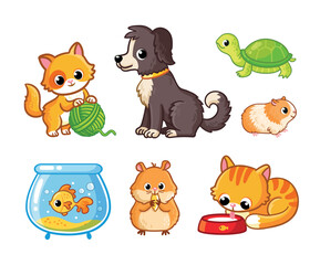 Vector set of cute home animal pet - cat, dog, hamster, turtle, guinea pig, and goldfish. Vector cartoon illustration Isolated - 740862351