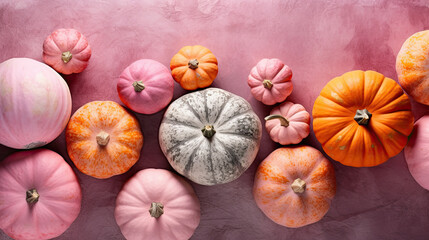 A group of pumpkins on a vivid pink color marble