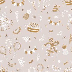 Holiday or Birthday Vector Background. Seamless Pattern with Hand Drawn Doodle Cake, Fruits, Bunting Flag, Balloons, Gift Box, Stars, Musical Notes and Confetti.