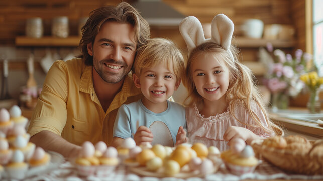 Heartwarming family moment captured with father and his two children, all smiling and adorned with Easter bunny ears.