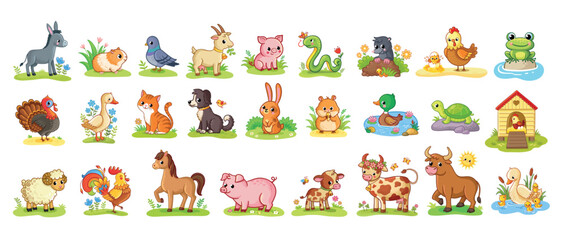 Vector big set with farm animals and pets. Collection of animals in cartoon style