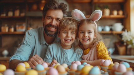Heartwarming family moment captured with father and his two children, all smiling and adorned with Easter bunny ears. - obrazy, fototapety, plakaty