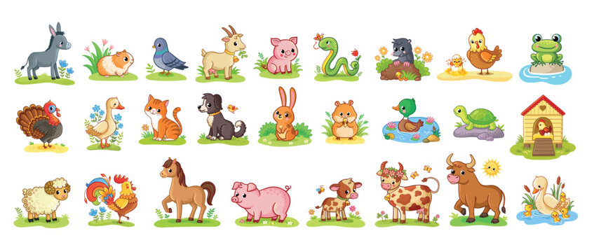 Vector big set with farm animals and pets. Collection of animals in cartoon style