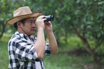 Asian man botanist holds binuculars to explore nature in forest. Concept, nature exploration....