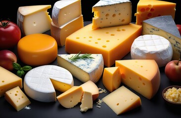 Variety of cheese on dark background