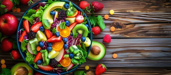 Fresh and colorful assortment of assorted fruit and berries in a rustic wooden bowl on table