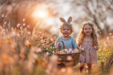 Morning sunny day. Two young children, boy and girl with bunny ears, are engrossed in examining basket full of colorful Easter eggs amidst field of wildflowers. - 740862792
