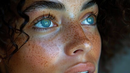 Close-Up Portrait of Woman with Unique Freckles and Curly Hair