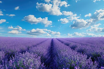 A field filled with vibrant lavender flowers stretches out under a cloudy blue sky, Endless lavender fields under a deep blue sky, AI Generated