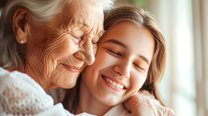 Affectionate embrace between a smiling elderly woman and a young woman, depicting family love.