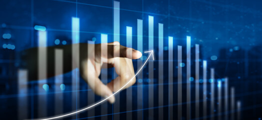 Double exposure of businessman hand pointing arrow graph and chart. Business growth and increase of positive indicator. Corporate business growth plan or development to success Concept.