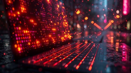 Obraz premium A laptop computer with bright lights sits on a table