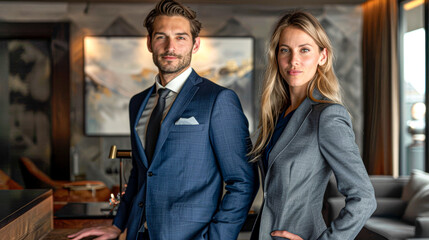 Smiling professional man and woman in business attire standing confidently in a modern office.