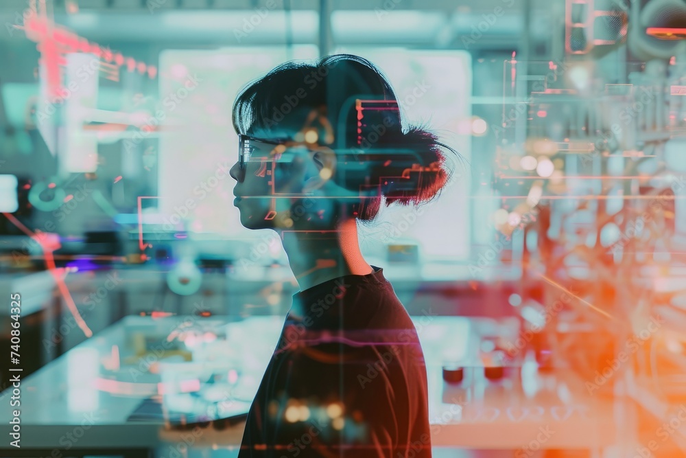 Poster a man stands in front of a computer screen, carefully analyzing data and information, engineering pr