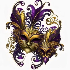 Two gold purple masks with ornaments on white background. Carnival outfits, masks and decorations.