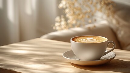 A cup of cappuccino stands on a smooth table surface. Aesthetics