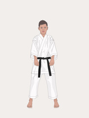 Karate boy wearing kimono and karate training. Courage and sport concept. Vector cartoon isolated character